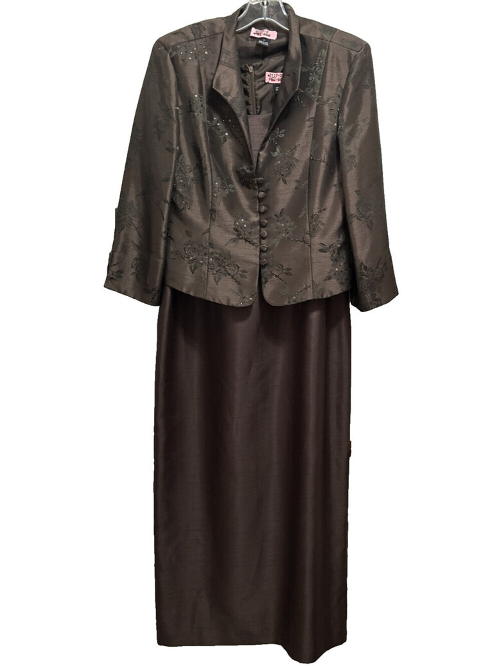 Jessica Howard Size 10 Brown Satin Beaded Jacket Dress 3/4 Slv Mother of Bride